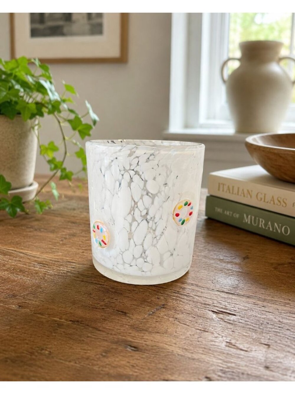 New White Murano Pink Donuts Sweet Treat Barware Beverage Glass Cup Tumbler